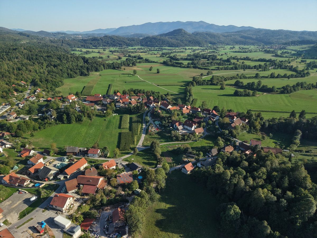 Vas med polji in gozdovi v občini Logatec, posneto iz zraka